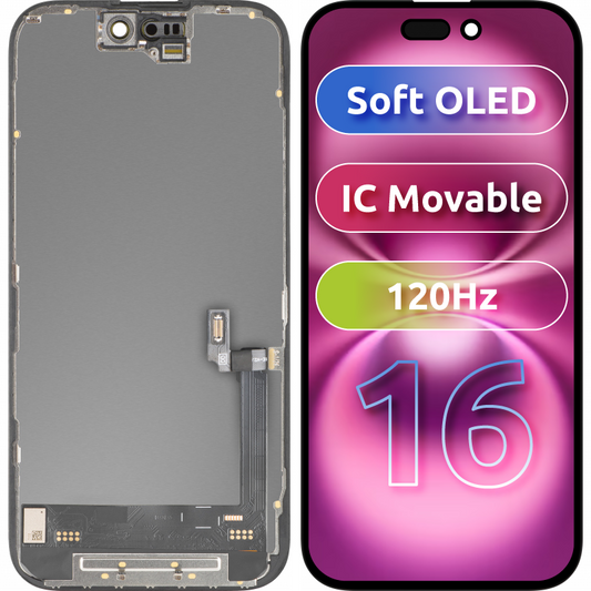 Wyświetlacz z ekranem dotykowym MP kompatybilny z Apple iPhone 16, z ramką, wersja Soft OLED FHD 120Hz IC Movable, Czarny
