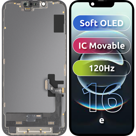 Wyświetlacz z ekranem dotykowym MP kompatybilny z Apple iPhone 17e / 16e, z ramką, wersja Soft OLED FHD 120Hz IC Movable, czarny
