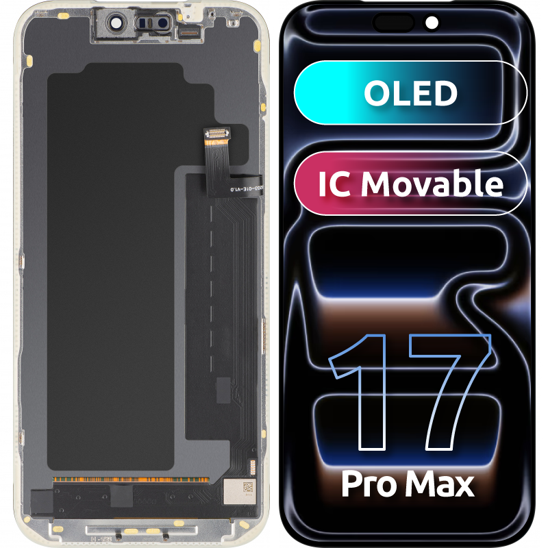 Wyświetlacz z ekranem dotykowym MP kompatybilny z Apple iPhone 17 Pro Max, z ramką, wersja OLED FHD IC Movable, czarny