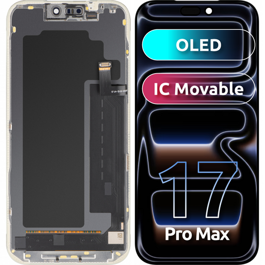Wyświetlacz z ekranem dotykowym MP kompatybilny z Apple iPhone 17 Pro Max, z ramką, wersja OLED FHD IC Movable, czarny