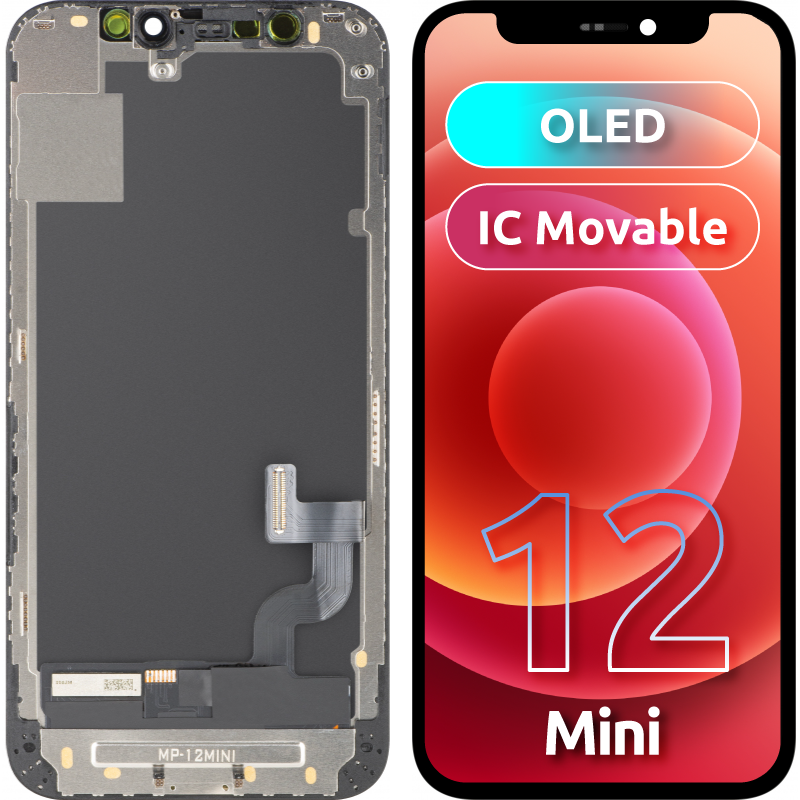 Wyświetlacz z ekranem dotykowym MP kompatybilny z Apple iPhone 12 mini, z ramką, wersja OLED FHD IC Movable, czarny