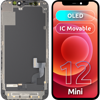 Wyświetlacz z ekranem dotykowym MP kompatybilny z Apple iPhone 12 mini, z ramką, wersja OLED FHD IC Movable, czarny