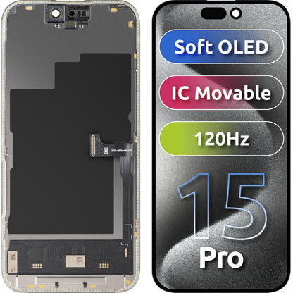 Wyświetlacz z ekranem dotykowym MP kompatybilny z Apple iPhone 15 Pro, z ramką, wersja Soft OLED IC Movable 120Hz FHD, Czarny
