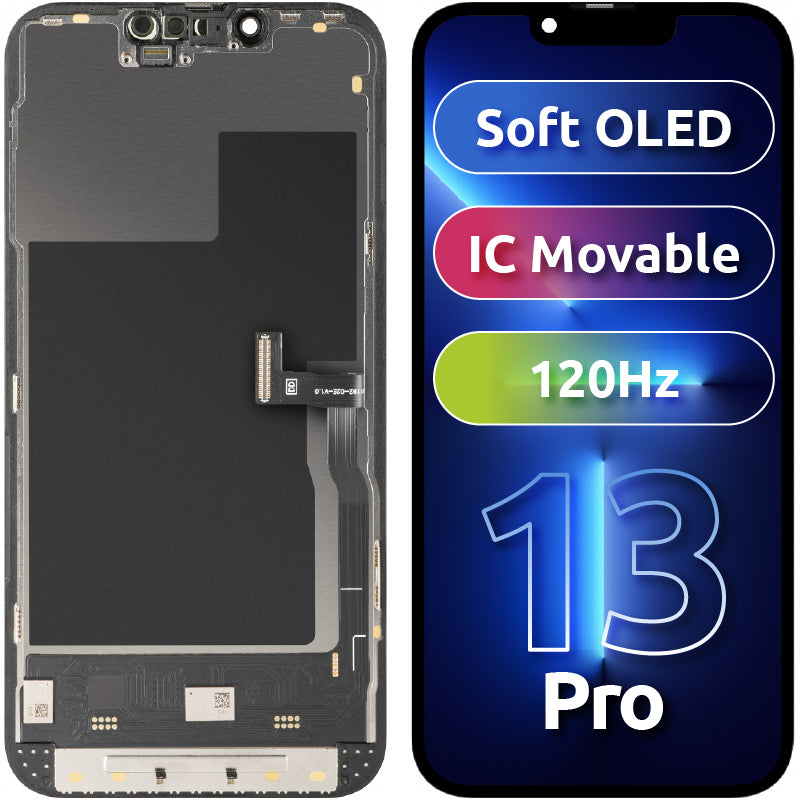 Wyświetlacz z ekranem dotykowym MP kompatybilny z Apple iPhone 13 Pro, z ramką, wersja Soft OLED IC Movable 120Hz FHD, Czarny
