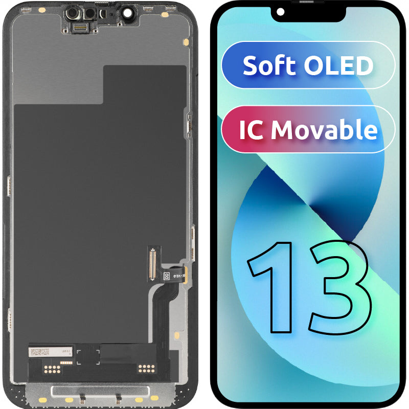 Wyświetlacz z ekranem dotykowym MP kompatybilny z Apple iPhone 13, z ramką, wersja Soft OLED IC Movable FHD, Czarny