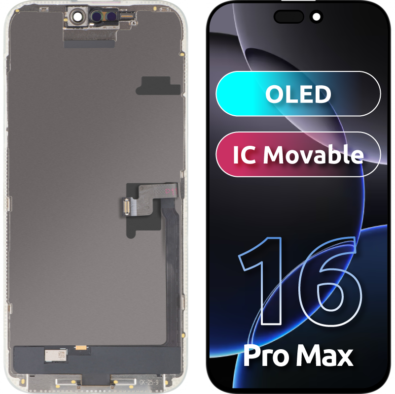 Wyświetlacz z ekranem dotykowym MP kompatybilny z Apple iPhone 16 Pro Max, z ramką, wersja OLED FHD IC Movable, czarny