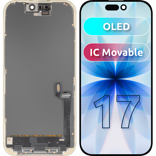 Wyświetlacz z ekranem dotykowym MP kompatybilny z Apple iPhone 17, z ramką, wersja OLED FHD IC Movable, czarny