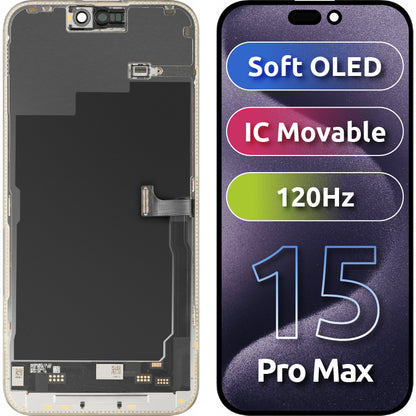 Wyświetlacz z ekranem dotykowym MP kompatybilny z Apple iPhone 15 Pro Max, z ramką, wersja Soft OLED IC Movable 120Hz FHD, Czarny