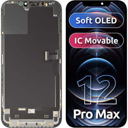Wyświetlacz z ekranem dotykowym MP kompatybilny z Apple iPhone 12 Pro Max, z ramką, wersja Soft OLED IC Movable FHD, Czarny