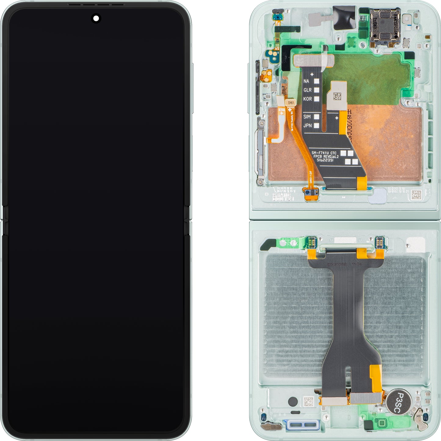 Wyświetlacz z ekranem dotykowym Samsung Galaxy Z Flip6 F741, z ramką, pod Inner, zielony (Mint), zestaw serwisowy GH82-35014D