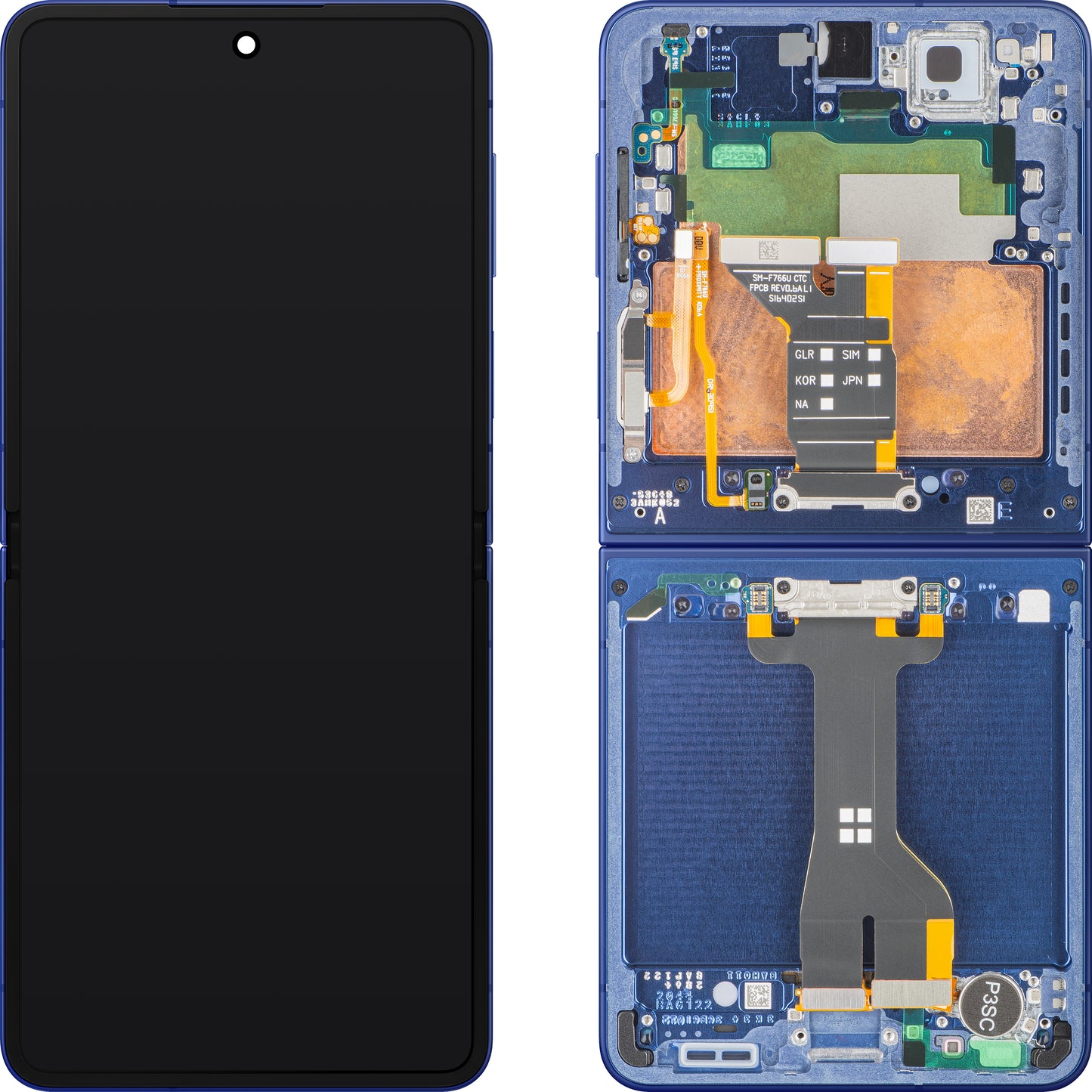 Wyświetlacz z ekranem dotykowym Samsung Galaxy Z Flip7 F766, z ramką, podświetlenie, niebieski (Blue Shadow), zestaw serwisowy GH82-37581A