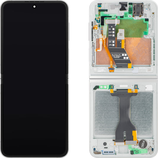 Wyświetlacz z ekranem dotykowym Samsung Galaxy Z Flip7 FE F761, z ramką, Sub Inner, biały, zestaw serwisowy GH82-37734B