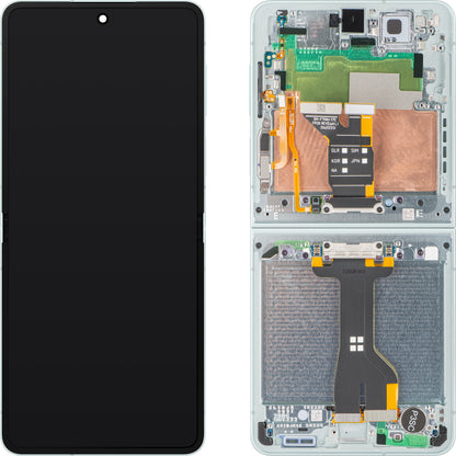 Wyświetlacz z ekranem dotykowym Samsung Galaxy Z Flip7 F766, z ramką, podzespołem wewnętrznym, zielony (miętowy), pakiet serwisowy GH82-37581E