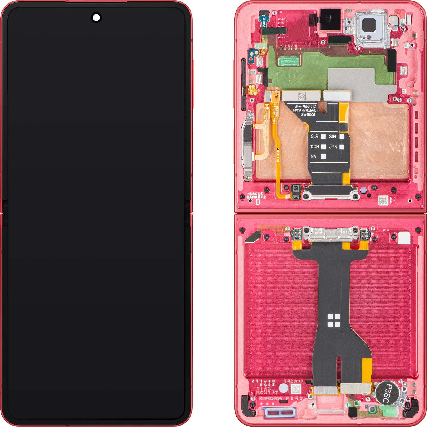 Wyświetlacz z ekranem dotykowym Samsung Galaxy Z Flip7 F766, z ramką, podzespołem wewnętrznym, koralowy (Coral Red), Service Pack GH82-37581D