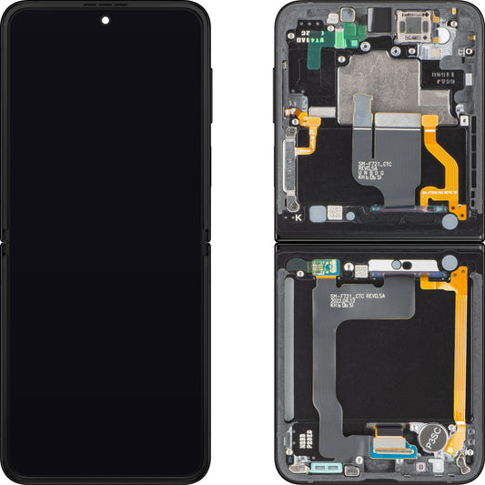 Wyświetlacz z ekranem dotykowym Samsung Galaxy Z Flip4 F721, z ramką, podzespołem wewnętrznym, czarny, Service Pack GH82-29440E