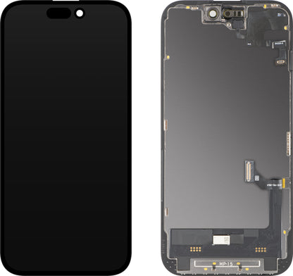Wyświetlacz z ekranem dotykowym i czujnikiem zbliżeniowym MP kompatybilny z Apple iPhone 15, z ramką, wersja oprogramowania OLED FHD diagnostyczna, czarny
