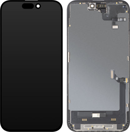Wyświetlacz z ekranem dotykowym i czujnikiem zbliżeniowym MP kompatybilny z Apple iPhone 15 Plus, z ramką, wersja oprogramowania OLED FHD diagnostyczna, czarny