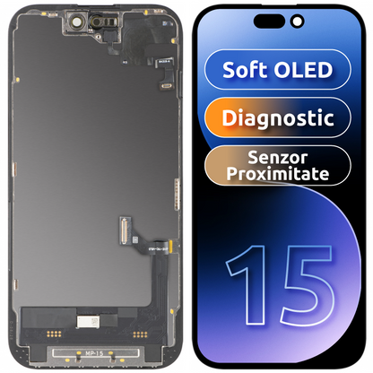 Wyświetlacz z ekranem dotykowym i czujnikiem zbliżeniowym MP kompatybilny z Apple iPhone 15, z ramką, wersja oprogramowania OLED FHD diagnostyczna, czarny