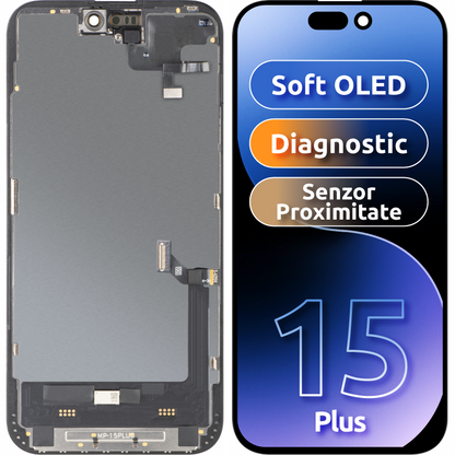 Wyświetlacz z ekranem dotykowym i czujnikiem zbliżeniowym MP kompatybilny z Apple iPhone 15 Plus, z ramką, wersja oprogramowania OLED FHD diagnostyczna, czarny
