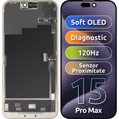 Wyświetlacz z ekranem dotykowym i czujnikiem zbliżeniowym MP kompatybilny z Apple iPhone 15 Pro Max, z ramką, wersja oprogramowania OLED FHD 120Hz Diagnostic, czarny