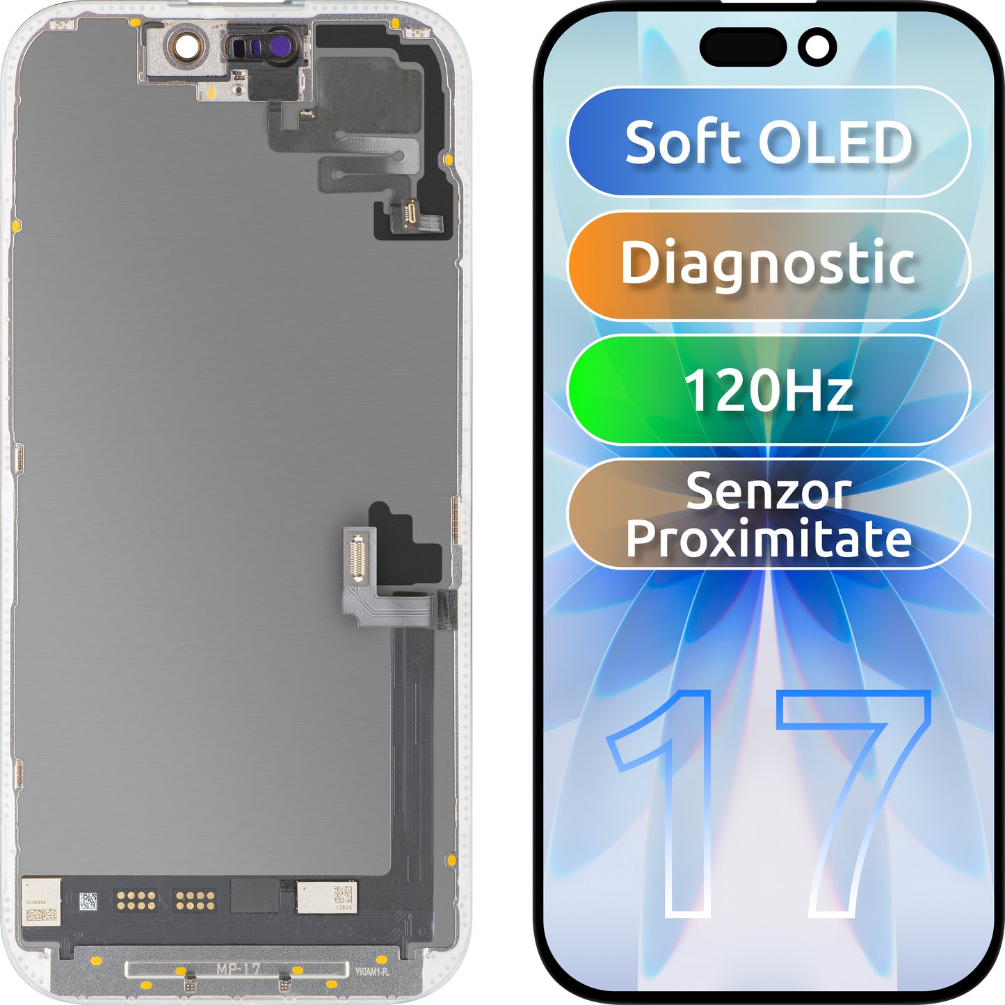 Wyświetlacz z ekranem dotykowym i czujnikiem zbliżeniowym MP kompatybilny z Apple iPhone 17, z ramką, wersja oprogramowania OLED FHD 120Hz Diagnostic, czarny
