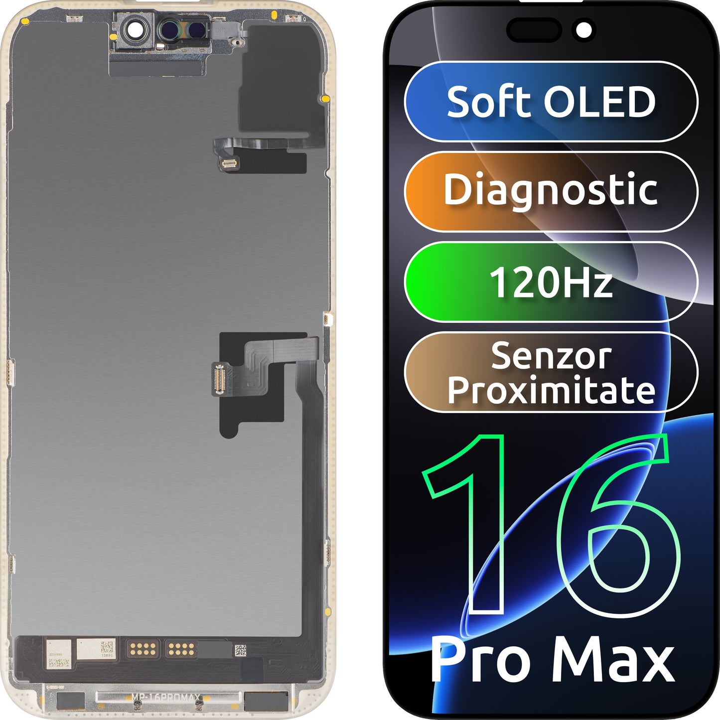 Wyświetlacz z ekranem dotykowym i czujnikiem zbliżeniowym MP kompatybilny z Apple iPhone 16 Pro Max, z ramką, wersja oprogramowania OLED FHD 120Hz Diagnostic, czarny