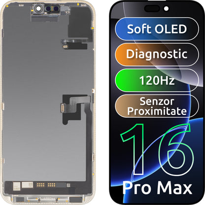 Wyświetlacz z ekranem dotykowym i czujnikiem zbliżeniowym MP kompatybilny z Apple iPhone 16 Pro Max, z ramką, wersja oprogramowania OLED FHD 120Hz Diagnostic, czarny