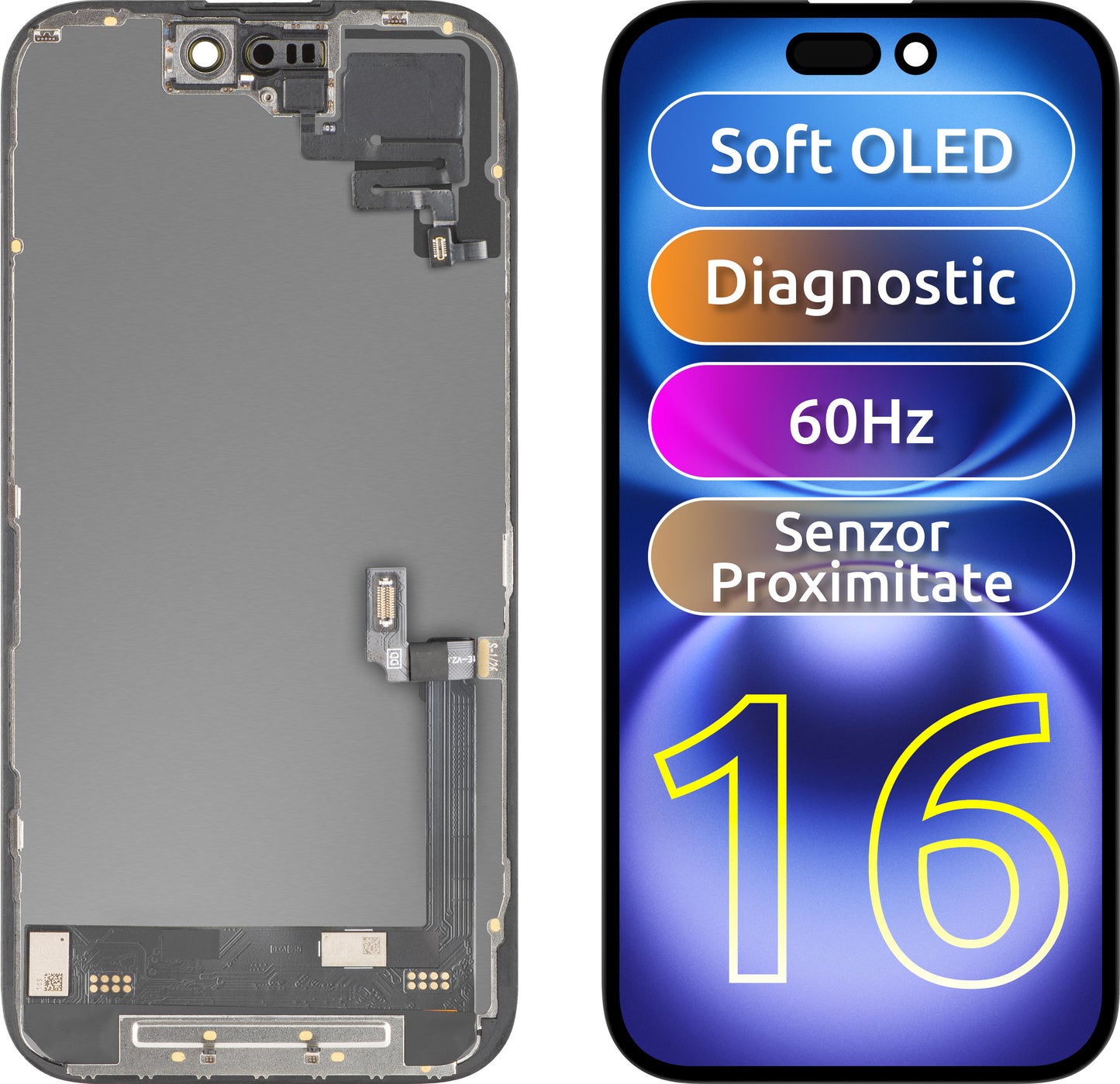 Wyświetlacz z ekranem dotykowym i czujnikiem zbliżeniowym MP kompatybilny z Apple iPhone 16, z ramką, wersja oprogramowania OLED FHD diagnostyczna, czarny