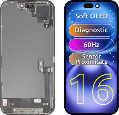 Wyświetlacz z ekranem dotykowym i czujnikiem zbliżeniowym MP kompatybilny z Apple iPhone 16, z ramką, wersja oprogramowania OLED FHD diagnostyczna, czarny