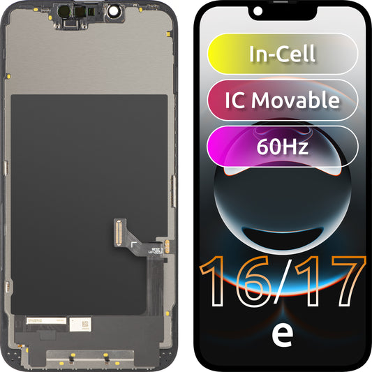 Wyświetlacz z ekranem dotykowym ZY do Apple iPhone 17e / 16e, z ramką, wersja LCD In-Cell IC Movable, czarny