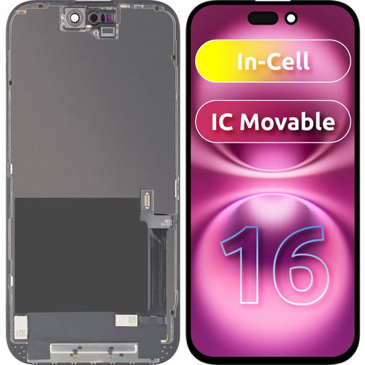 Wyświetlacz z dotykiem ZY dla Apple iPhone 16, z ramką, wersja LCD In-Cell IC Movable, czarny