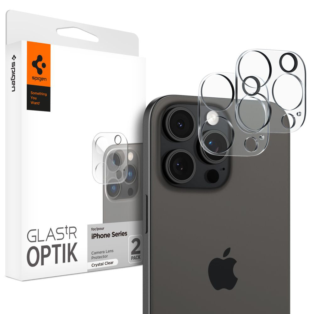 Spigen Optik Folia ochronna na tylny aparat dla Apple iPhone 15 Pro Max / 15 Pro, ochrona szkła, pełne klejenie, zestaw 2 sztuk, przezroczysty