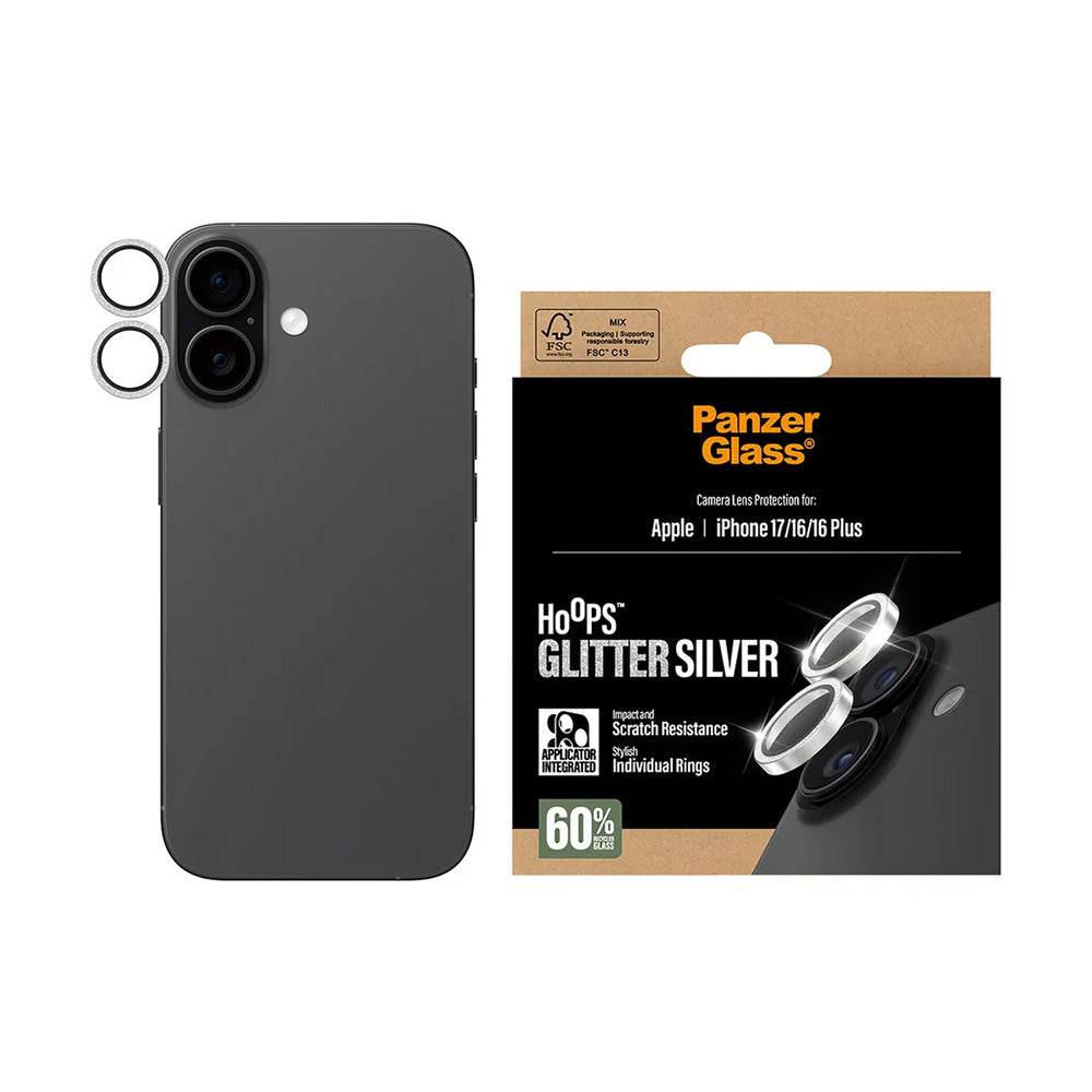 Folia ochronna na tylną kamerę PanzerGlass Hoops Glitter dla Apple iPhone 17 / 16 Plus / 16, Hartowane szkło, Srebrna