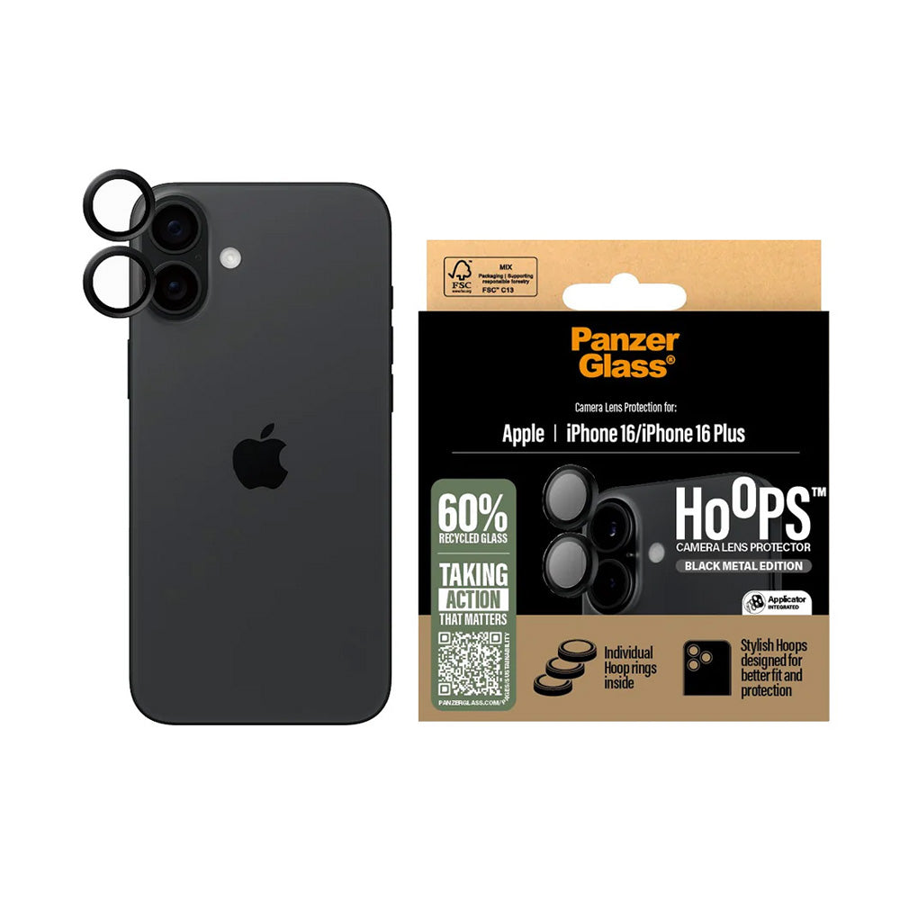 Folia ochronna na tylną kamerę PanzerGlass Hoops dla Apple iPhone 16 Plus / 16, Hartowane szkło, Czarne