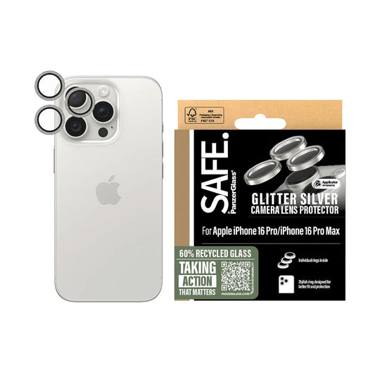 Folia ochronna na tylną kamerę PanzerGlass Safe. Glitter dla Apple iPhone 16 Pro Max / 16 Pro, Hartowane szkło, Srebrna.