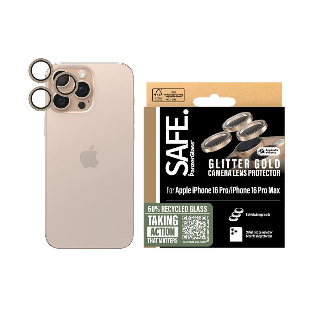 Folia ochronna na tylną kamerę PanzerGlass Safe. Glitter dla Apple iPhone 16 Pro Max / 16 Pro, Hartowane szkło, Złote.