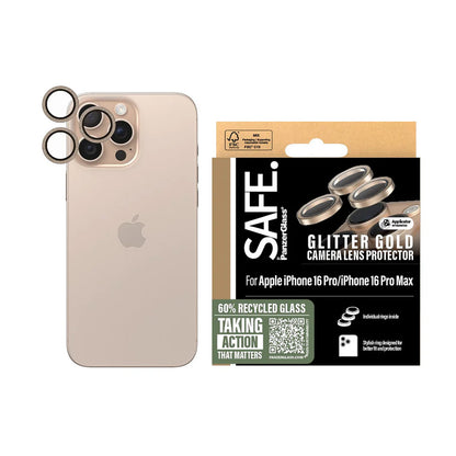 Folia ochronna na tylną kamerę PanzerGlass Safe. Glitter dla Apple iPhone 16 Pro Max / 16 Pro, Hartowane szkło, Złote.
