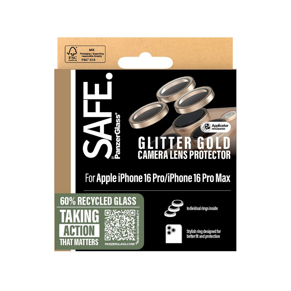 Folia ochronna na tylną kamerę PanzerGlass Safe. Glitter dla Apple iPhone 16 Pro Max / 16 Pro, Hartowane szkło, Złote.