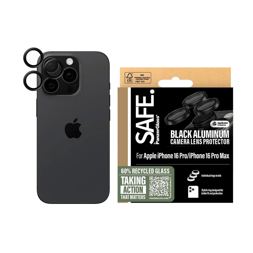 Folia ochronna na tylną kamerę PanzerGlass Safe. dla Apple iPhone 16 Pro Max / 16 Pro, Hartowane szkło, Czarne.