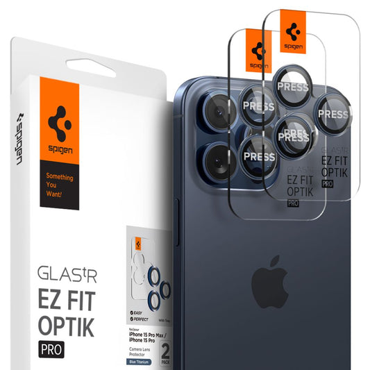 Folia ochronna na tylną kamerę Spigen GlastR EZ FIT Optik Pro dla Apple iPhone 16 Pro Max / 16 Pro, Hartowane szkło, Zestaw 2 sztuki, Niebieska