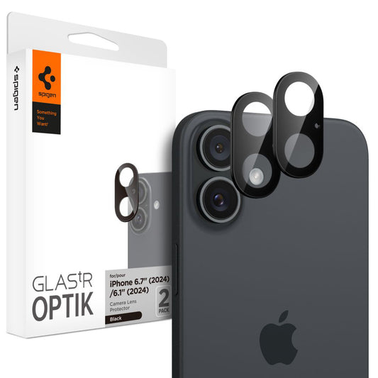 Folia ochronna na tylną kamerę Spigen GlastR Optik dla Apple iPhone 16 Plus / 16, Hartowane szkło, Zestaw 2 sztuki, Czarna AGL07922