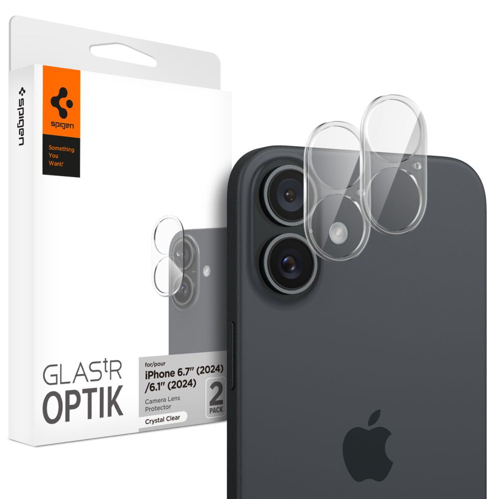Folia ochronna na tylną kamerę Spigen GlastR Optik do Apple iPhone 16 Plus / 16, szkło hartowane, zestaw 2 sztuki, przezroczysta AGL07923