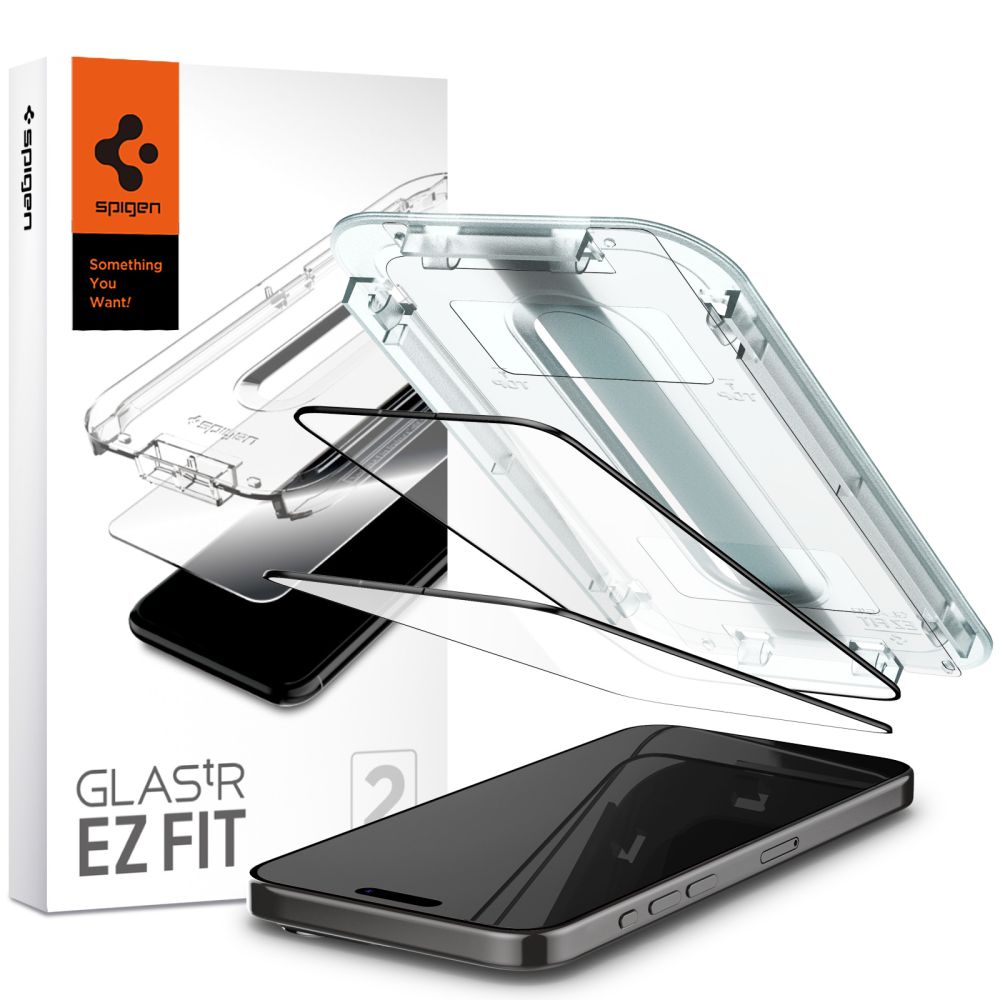Folia ochronna na ekran Spigen GlastR EZ FIT dla Apple iPhone 15 Pro, Szkło Hartowane, Pełne Klejenie, Zestaw 2 sztuki, Czarna AGL06893