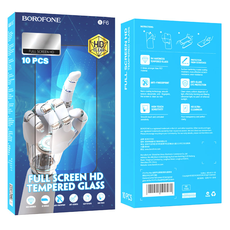 Folia ochronna na ekran Borofone BF6 Diamond Armor dla Apple iPhone 16e / 14 / 13 Pro / 13, Hartowane szkło, Pełne klejenie, Zestaw 10 sztuk, Czarna