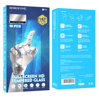 Folia ochronna na ekran Borofone BF6 Diamond Armor dla Apple iPhone 16e / 14 / 13 Pro / 13, Hartowane szkło, Pełne klejenie, Zestaw 10 sztuk, Czarna