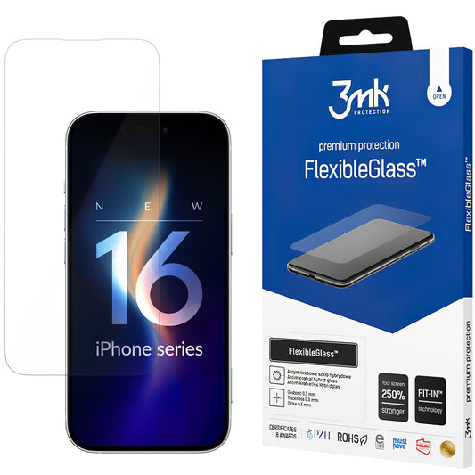 3MK FlexibleGlass Screen Protector do Apple iPhone 16, elastyczne szkło, pełne klejenie 