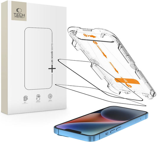 Folia ochronna na ekran Tech-Protect Quick Set+ dla Apple iPhone 17e / 16e / 14 / 13 Pro, Szkło Hartowane, Pełne Klejenie, Zestaw 2 sztuki, Czarna