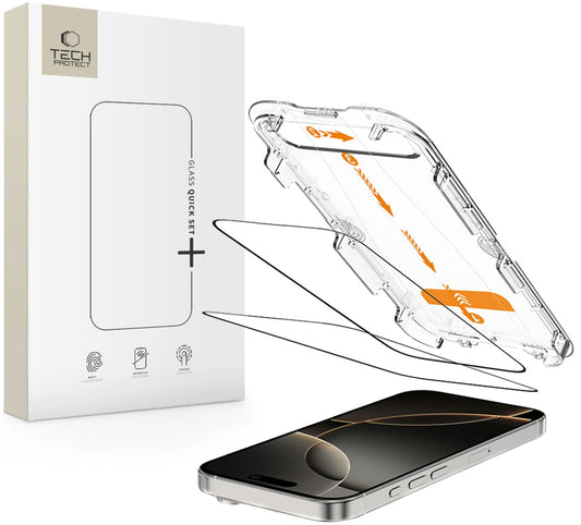 Folia ochronna na ekran Tech-Protect Quick Set+ dla Apple iPhone 16 Pro, Szkło Hartowane, Pełne Klejenie, Zestaw 2 sztuki, Czarna