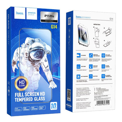 Folia ochronna do ekranu HOCO G14 dla Apple iPhone 15 Pro, Szkło Hartowane, Pełne Klejenie, Zestaw 10 sztuk, 5D, Czarna