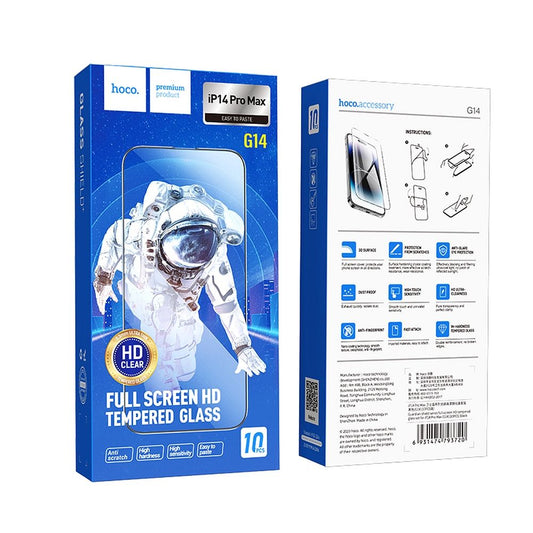 Folia ochronna HOCO na ekran dla Apple iPhone 14 Pro Max, Szkło Hartowane, Pełne Klejenie, Zestaw 10 sztuk, Czarna